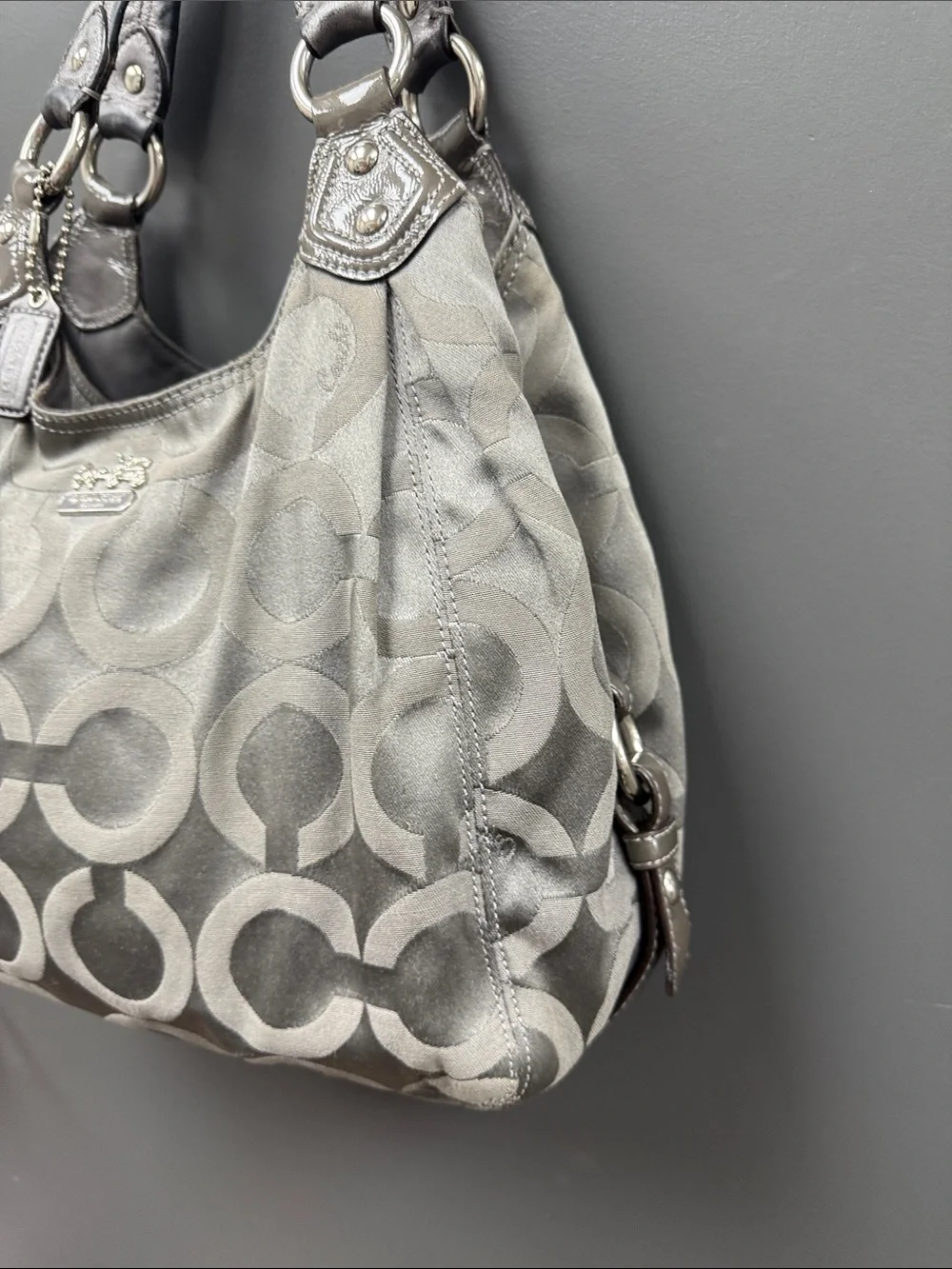 Coach Metallic Silver Opt Art Gray Signature Hobo Bag